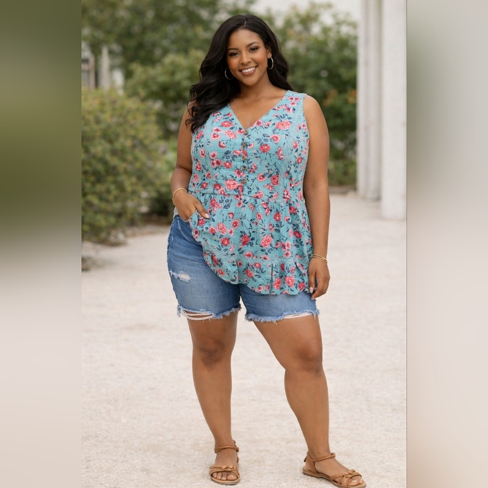 Torrid Light Blue Ruffled & Lace Babydoll Sleeveless Top with Red Floral Accents